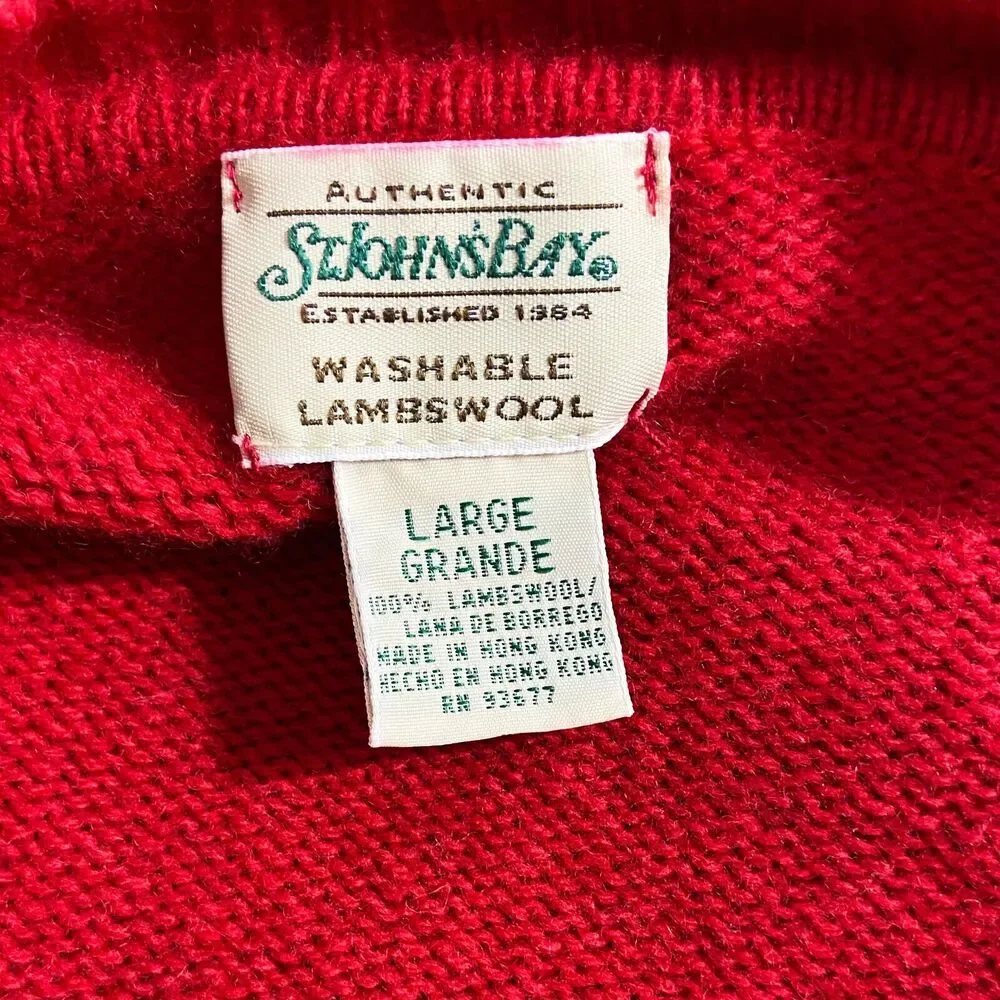 Vintage St. John's Bay Washable Lambswool Sweater Size L Red Black Gray Nordic